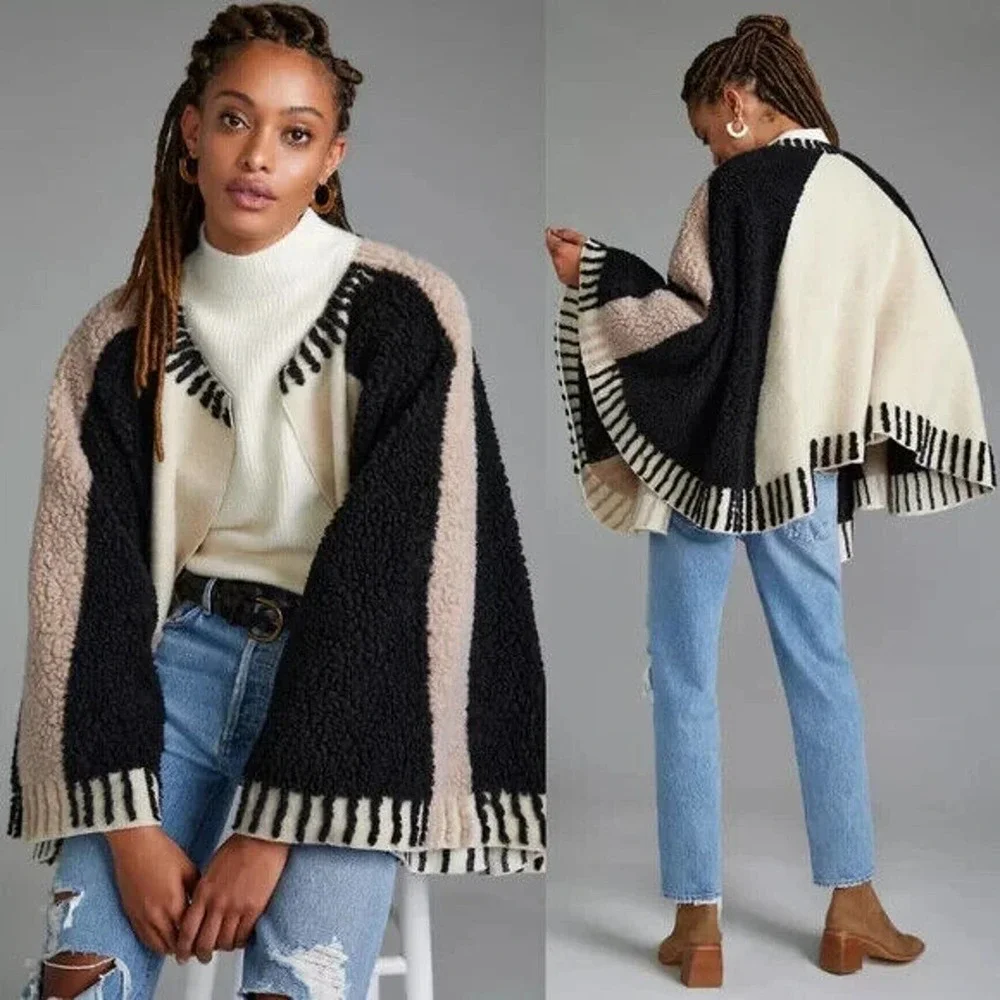 NWT Maeve Anthropologie Dusk & Dawn Capelet Sherpa Colorblock Textured Cape Boho - Picture 3 of 12